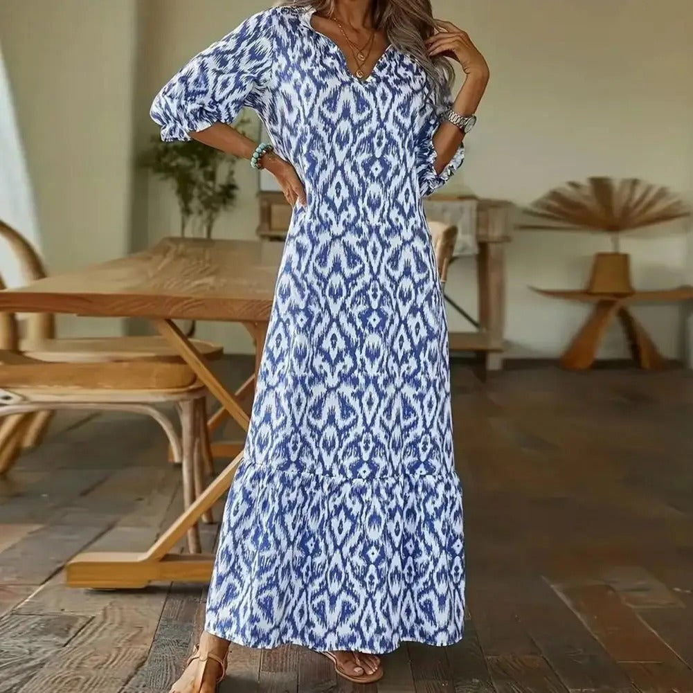 Davina | Women's Print V Neck Tiered Hem Summer Maxi Dress in Blue