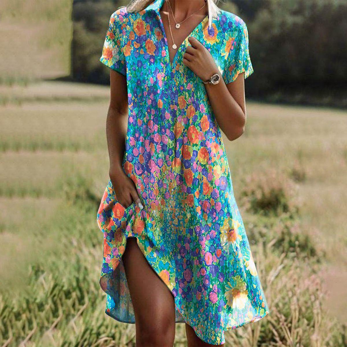 Deborah | Women's Floral Print V-Neck Short Sleeve Hi-Low Dress