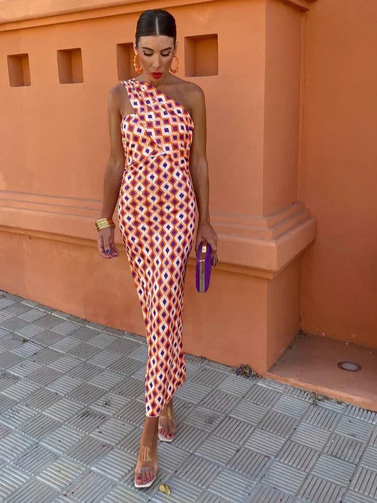 Delia | Women's One-Shoulder Midi Dress Geometric Print Fitted