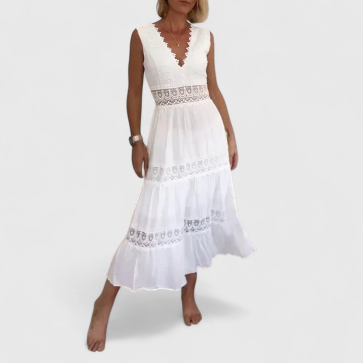 Delia | Women's Sleeveless Maxi Dress V-Neck Lace Trim