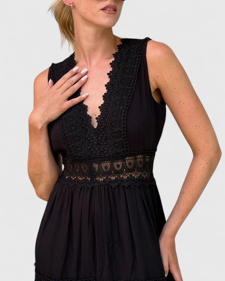 Delia | Women's Sleeveless Maxi Dress V-Neck Lace Trim 10