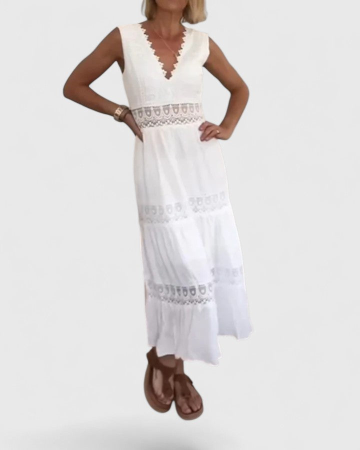 Delia | Women's Sleeveless Maxi Dress V-Neck Lace Trim 4
