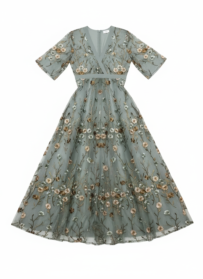 Della | Women's Floral Embroidered V-Neck Half Sleeve Maxi Dress 3