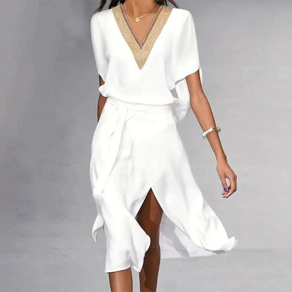 Della | Women's White Sequin V-Neck Belted Dolman Midi Dress