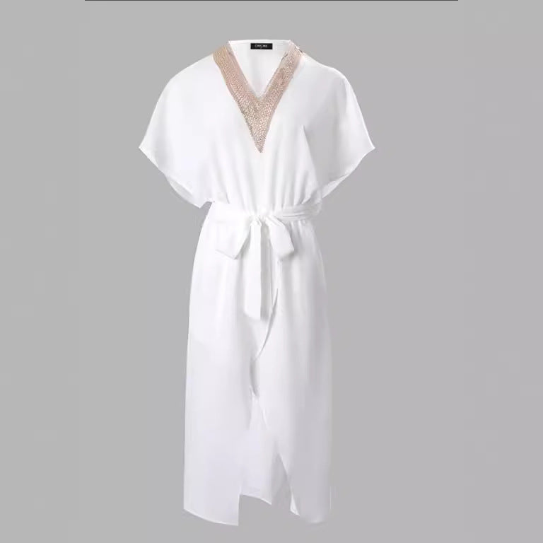 Della | Women's White Sequin V-Neck Belted Dolman Midi Dress 3