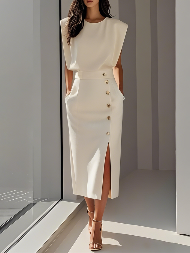 Demi | Women's Padded Shoulder Button Front Midi Dress