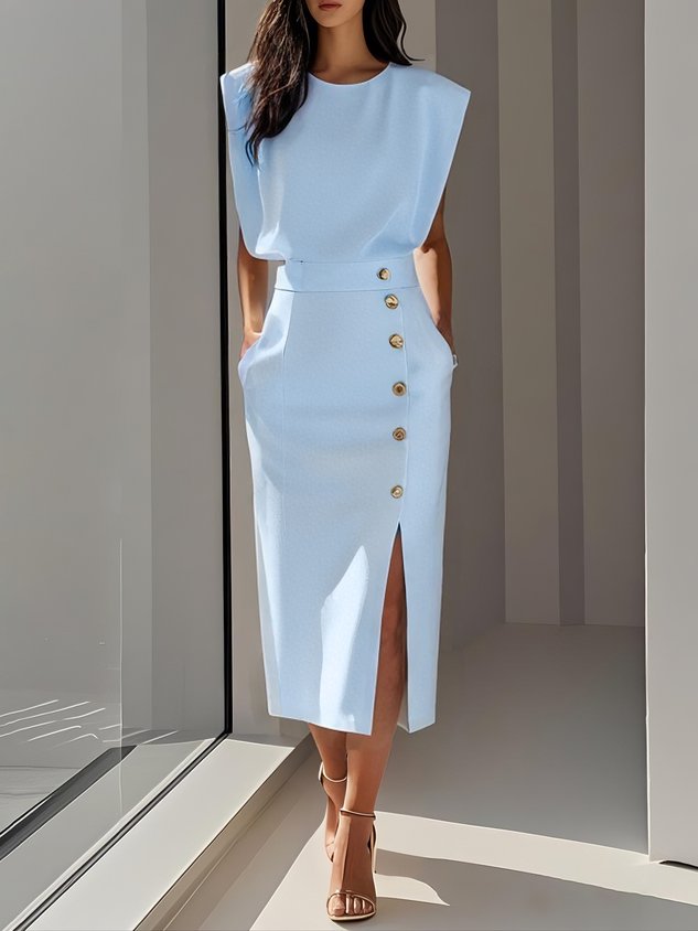 Demi | Women's Padded Shoulder Button Front Midi Dress 2