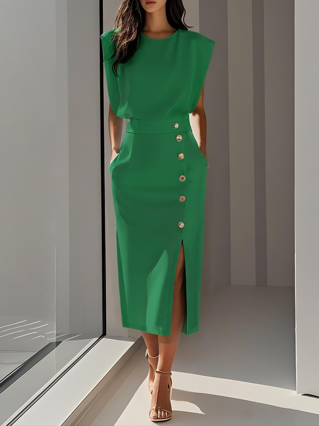 Demi | Women's Padded Shoulder Button Front Midi Dress 3