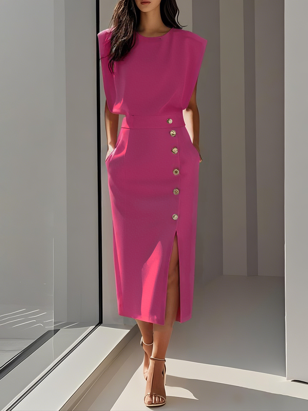 Demi | Women's Padded Shoulder Button Front Midi Dress 6