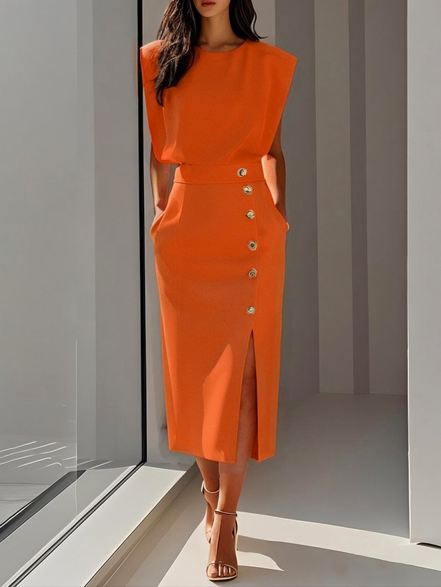 Demi | Women's Padded Shoulder Button Front Midi Dress 8