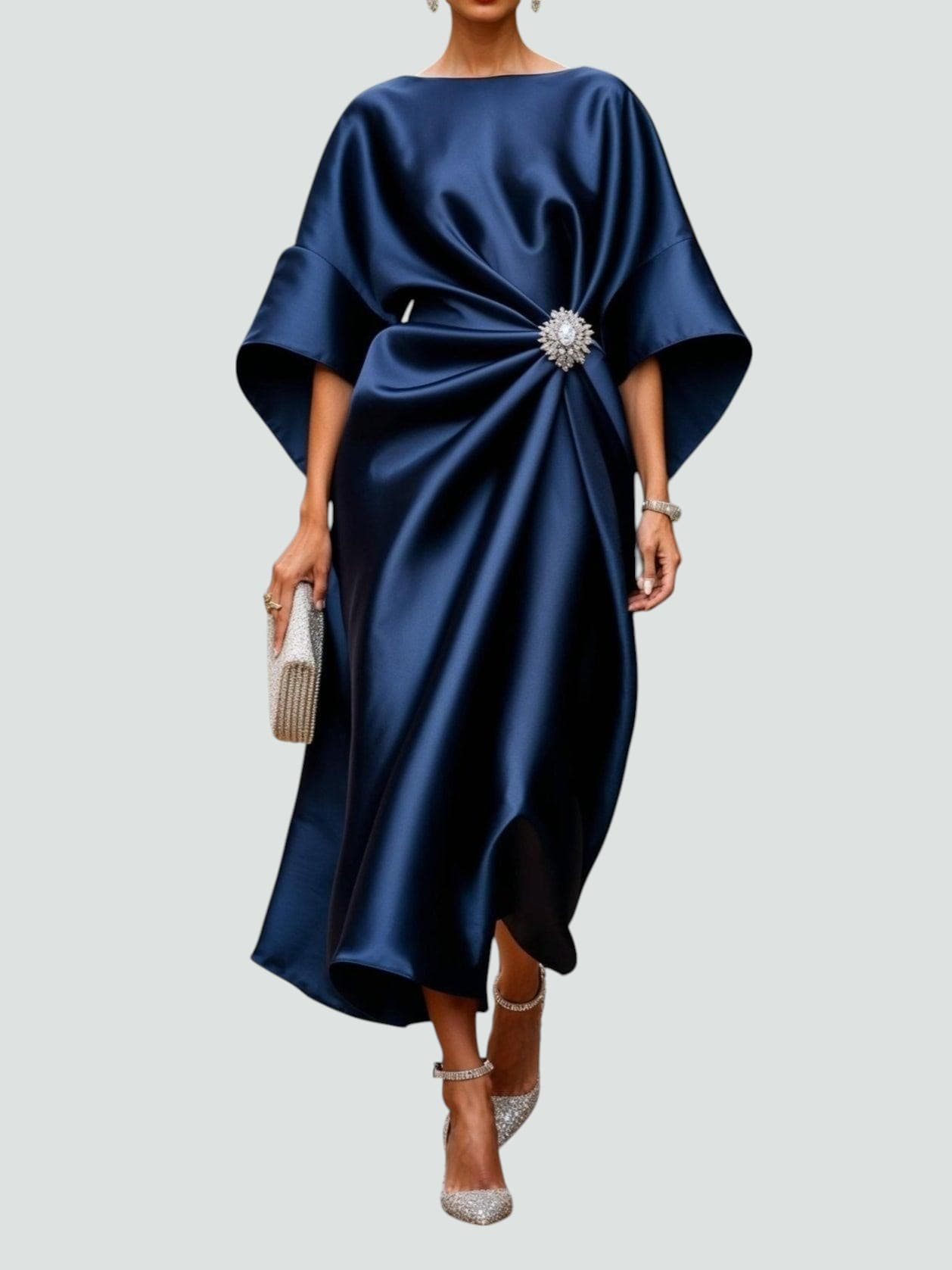 Dena | Women's Satin Midi Dress Batwing Sleeve Brooch