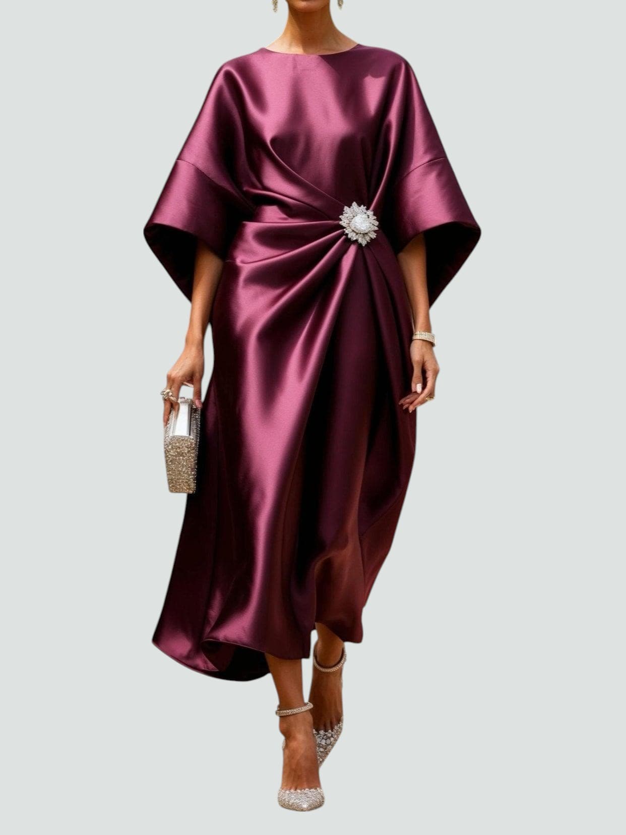 Dena | Women's Satin Midi Dress Batwing Sleeve Brooch 1