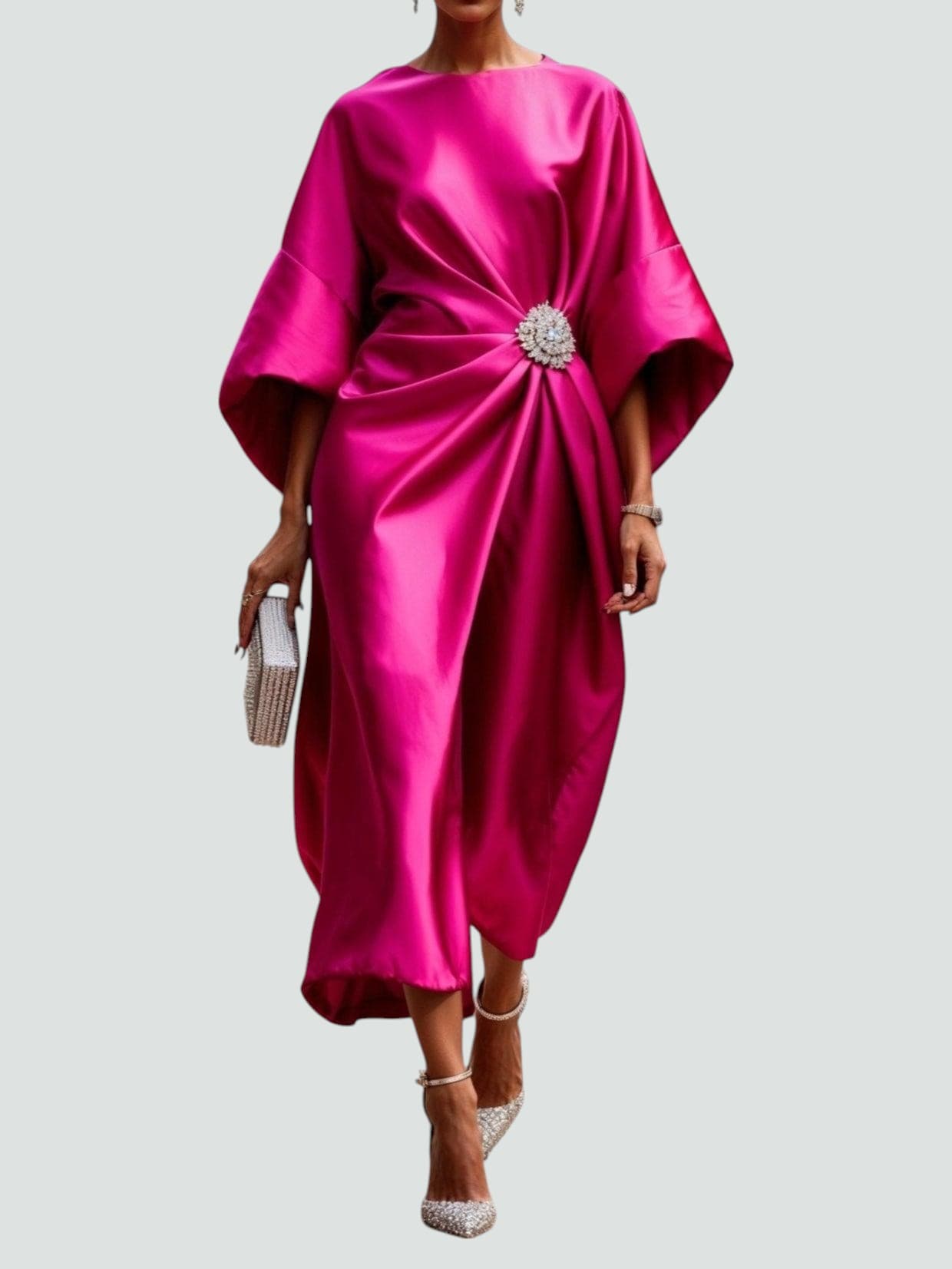 Dena | Women's Satin Midi Dress Batwing Sleeve Brooch 3