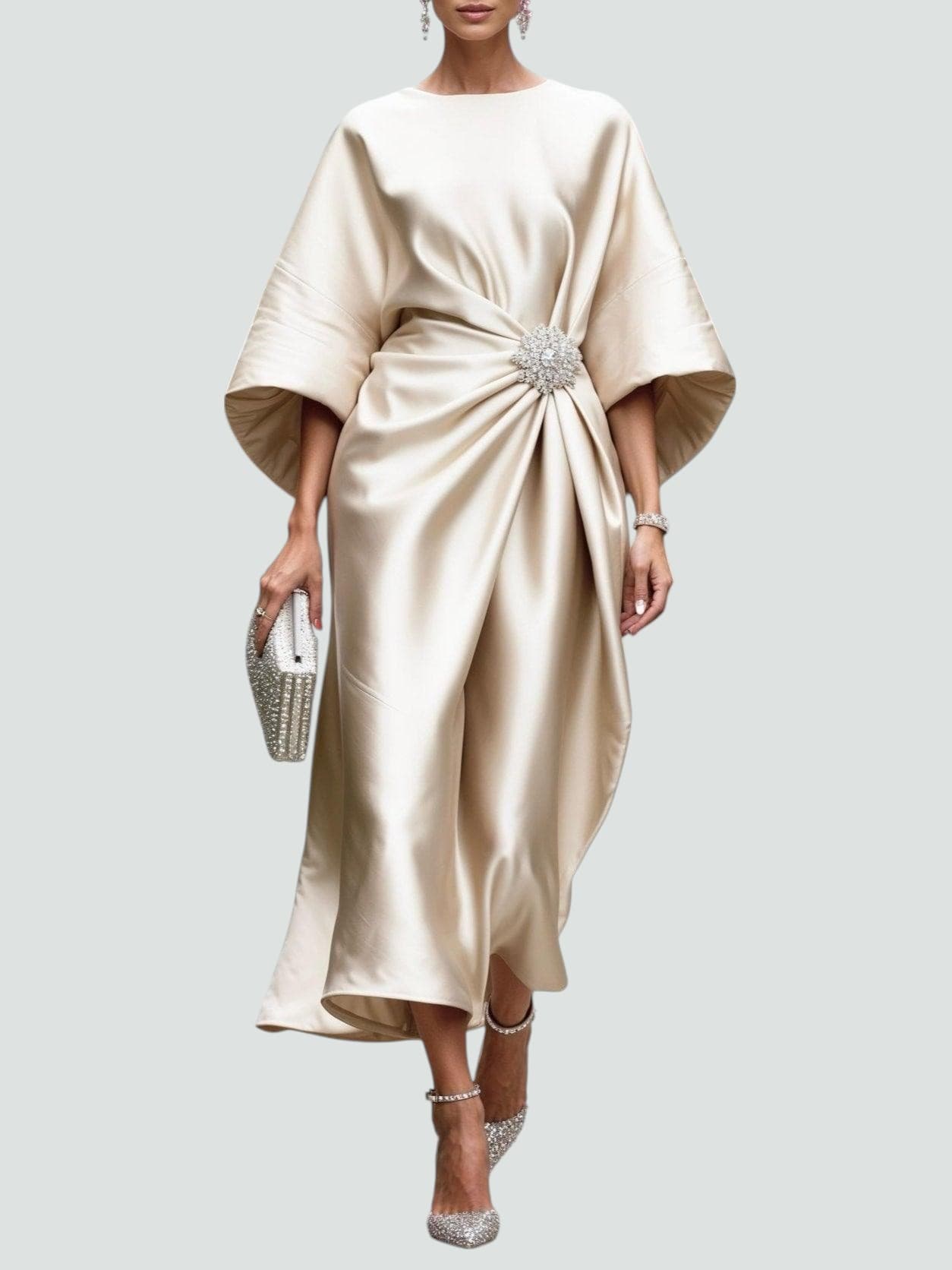 Dena | Women's Satin Midi Dress Batwing Sleeve Brooch 5