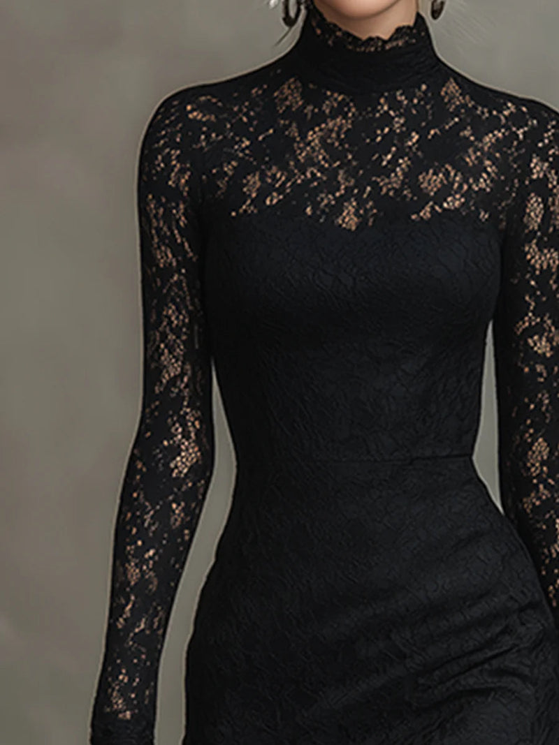 Diana | Women's Black Lace Mock Neck Bodycon Midi Dress 2