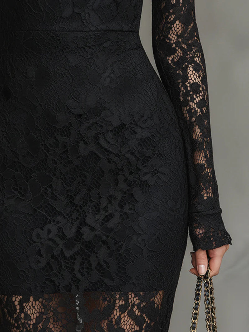 Diana | Women's Black Lace Mock Neck Bodycon Midi Dress 3