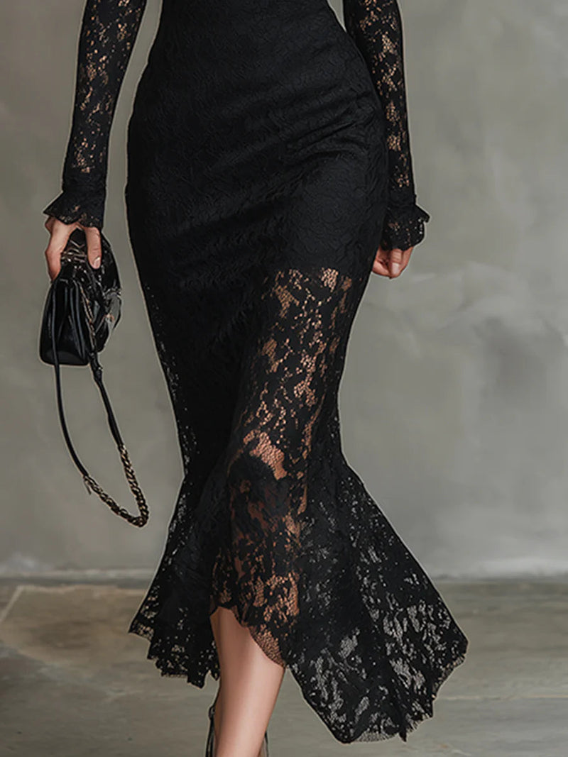 Diana | Women's Black Lace Mock Neck Bodycon Midi Dress 4