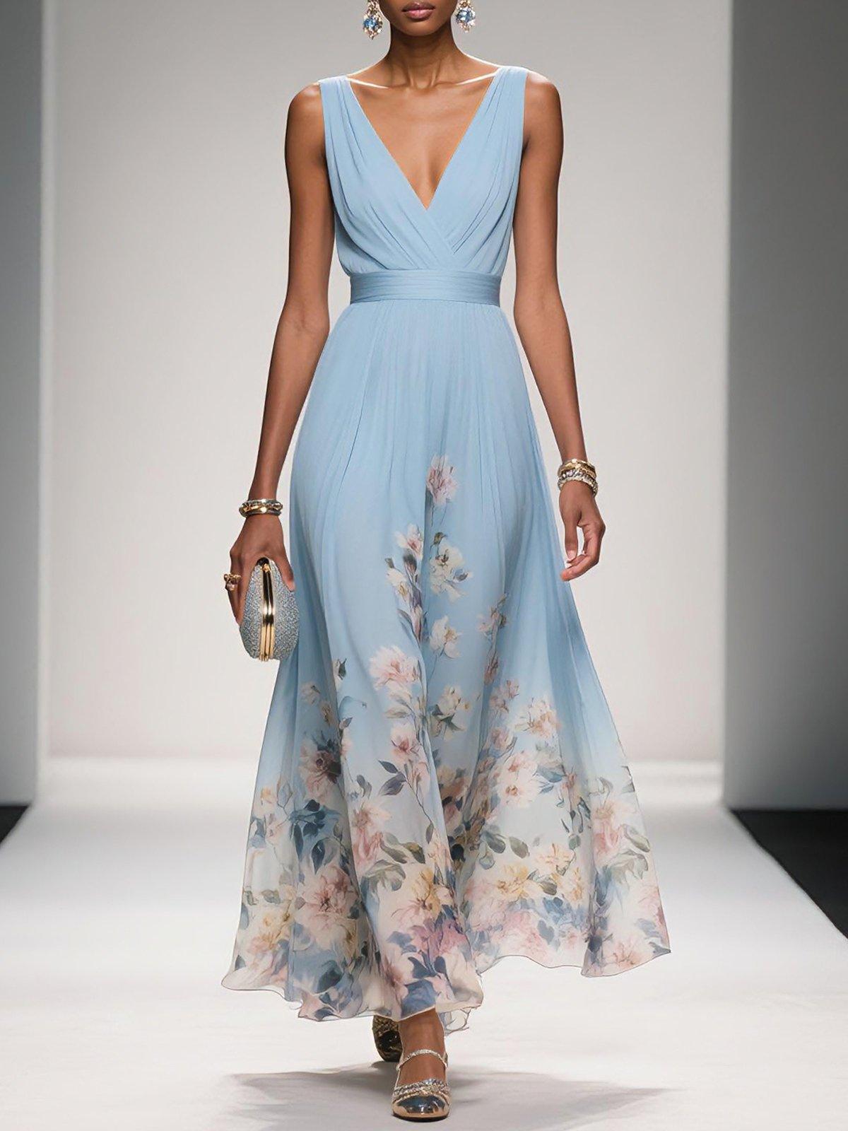 Diana | Women's Chiffon Maxi Dress V-Neck Floral Border Print