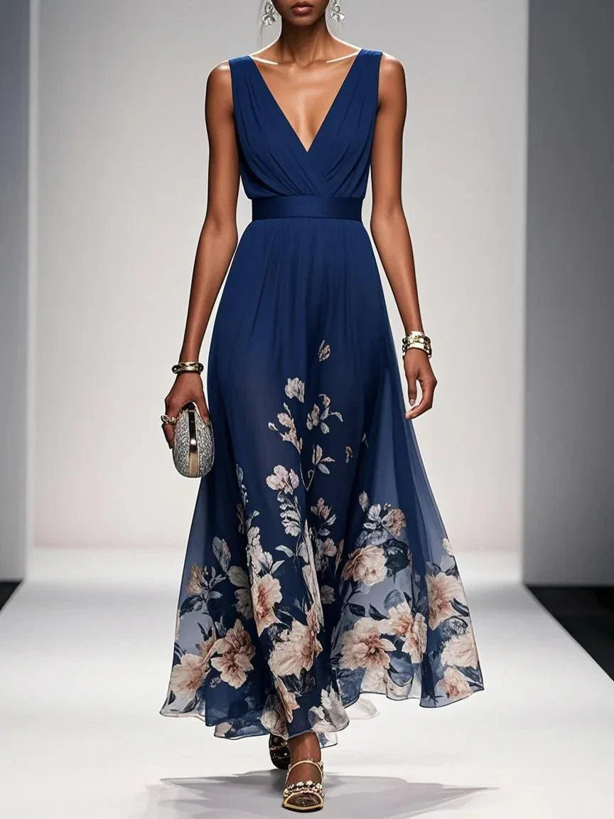 Diana | Women's Chiffon Maxi Dress V-Neck Floral Border Print 1