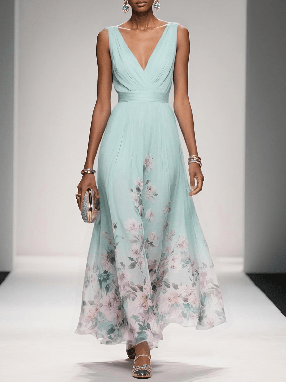 Diana | Women's Chiffon Maxi Dress V-Neck Floral Border Print 3