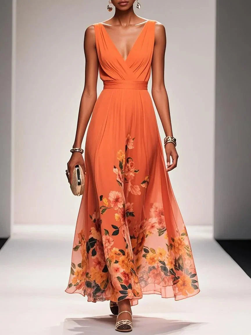 Diana | Women's Chiffon Maxi Dress V-Neck Floral Border Print 6