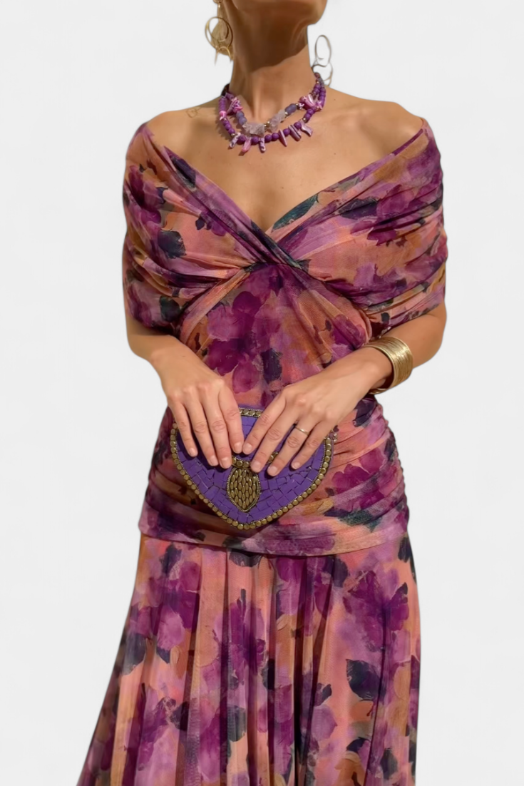 Dina | Women's Off-Shoulder Maxi Dress Ruched V-Neck 11