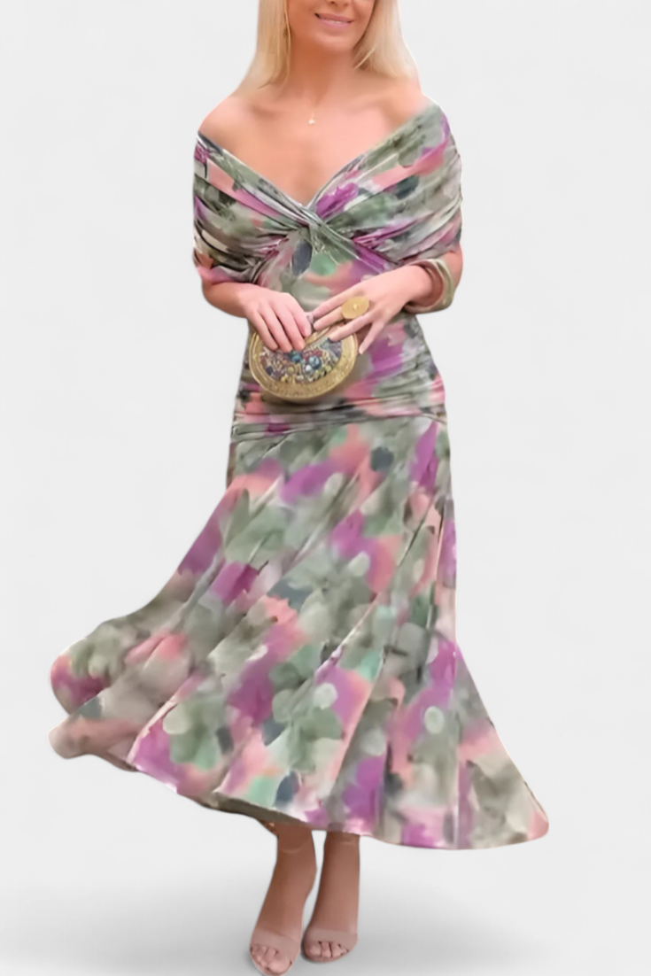 Dina | Women's Off-Shoulder Maxi Dress Ruched V-Neck 4