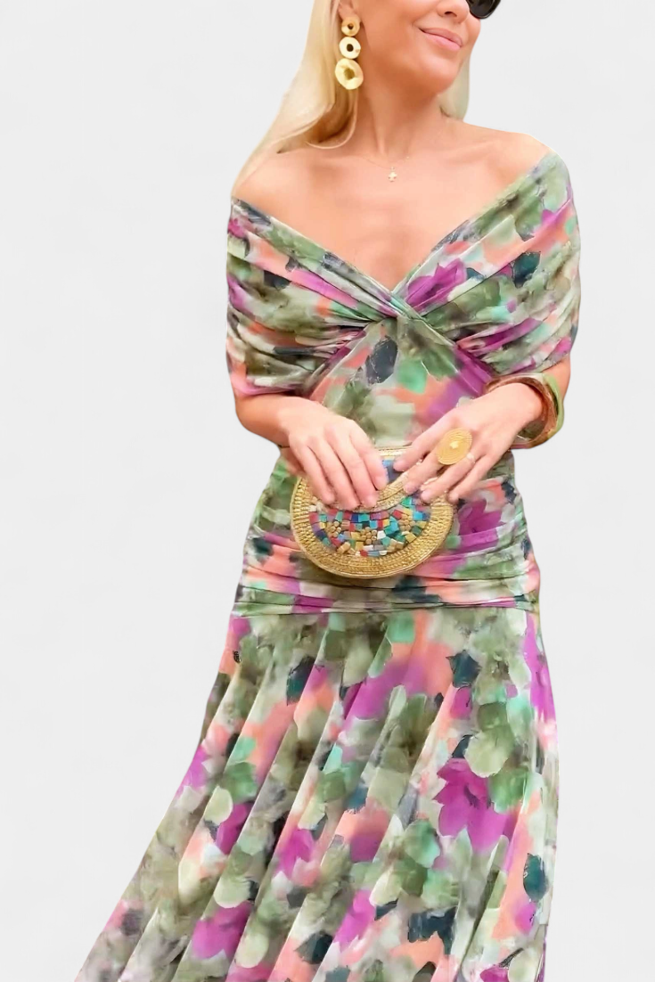 Dina | Women's Off-Shoulder Maxi Dress Ruched V-Neck 5
