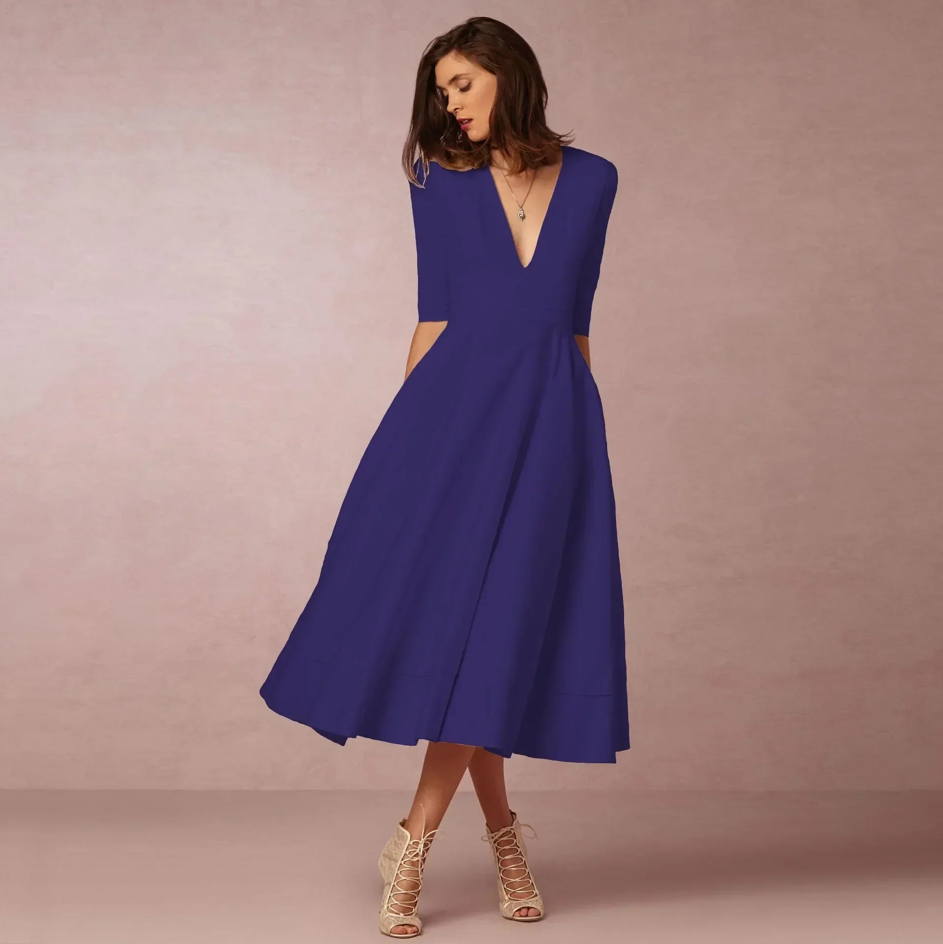 Donna | Women's A-Line Midi Dress Deep V-Neck Half Sleeve