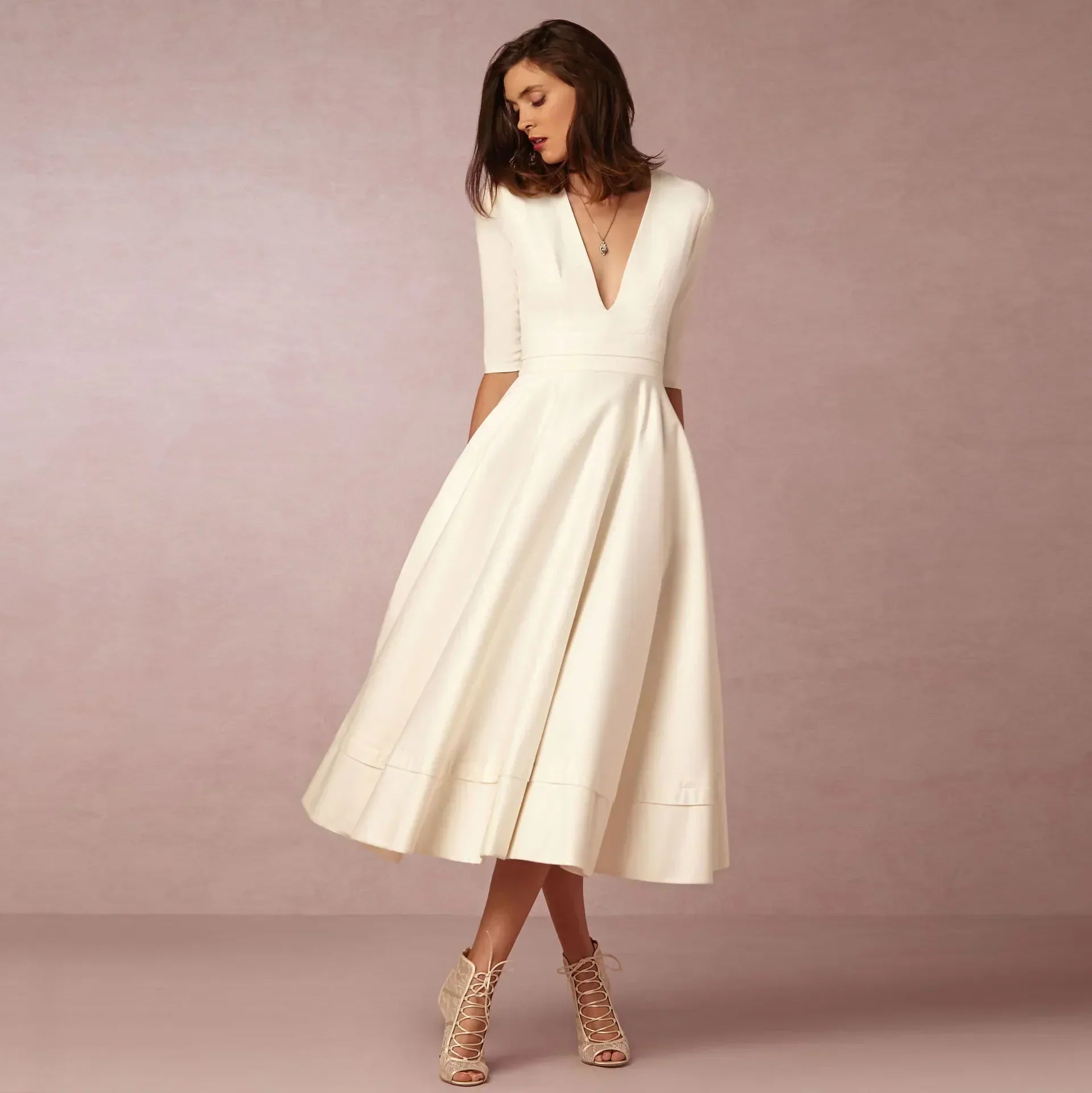 Donna | Women's A-Line Midi Dress Deep V-Neck Half Sleeve 1