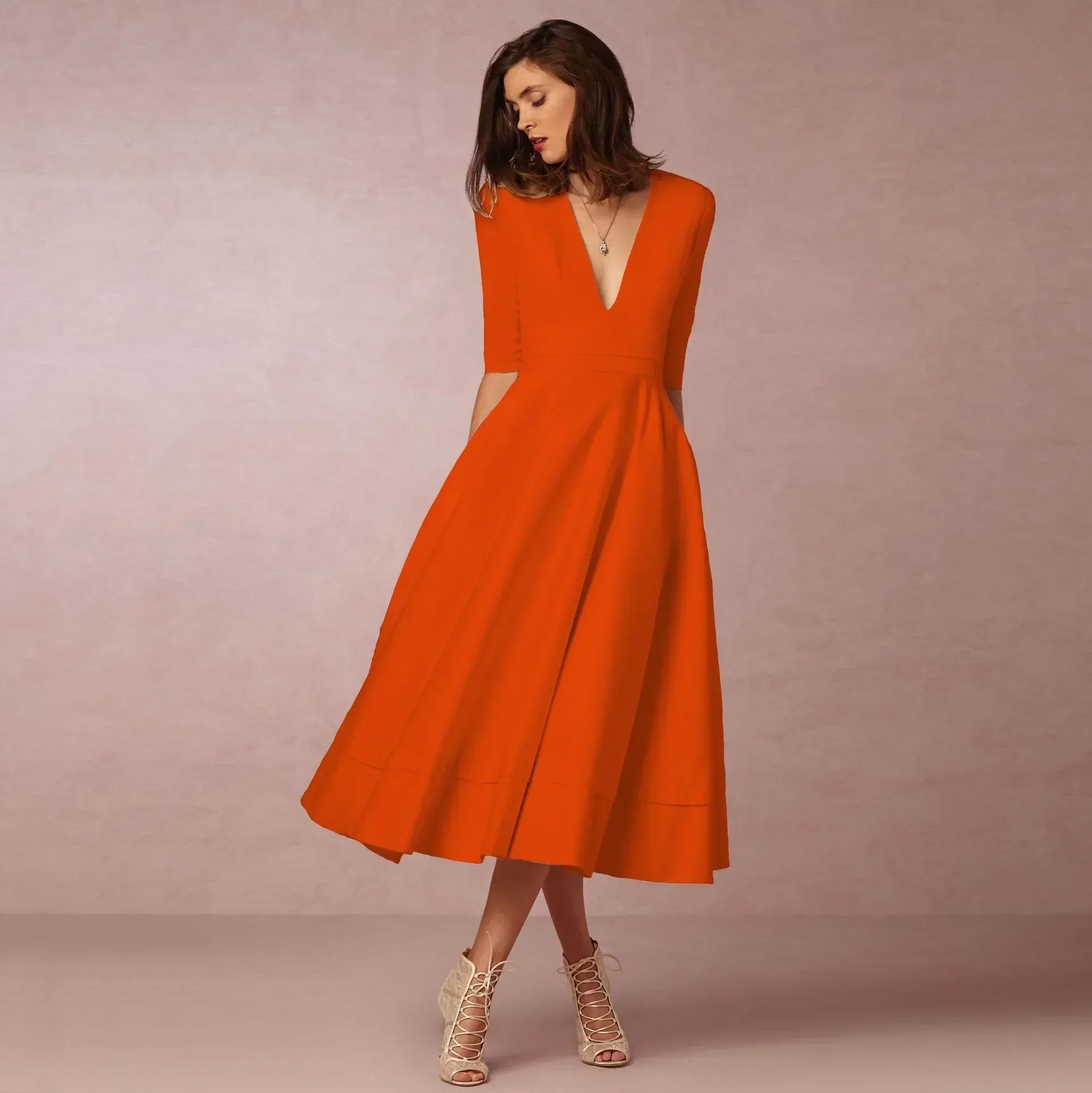Donna | Women's A-Line Midi Dress Deep V-Neck Half Sleeve 10