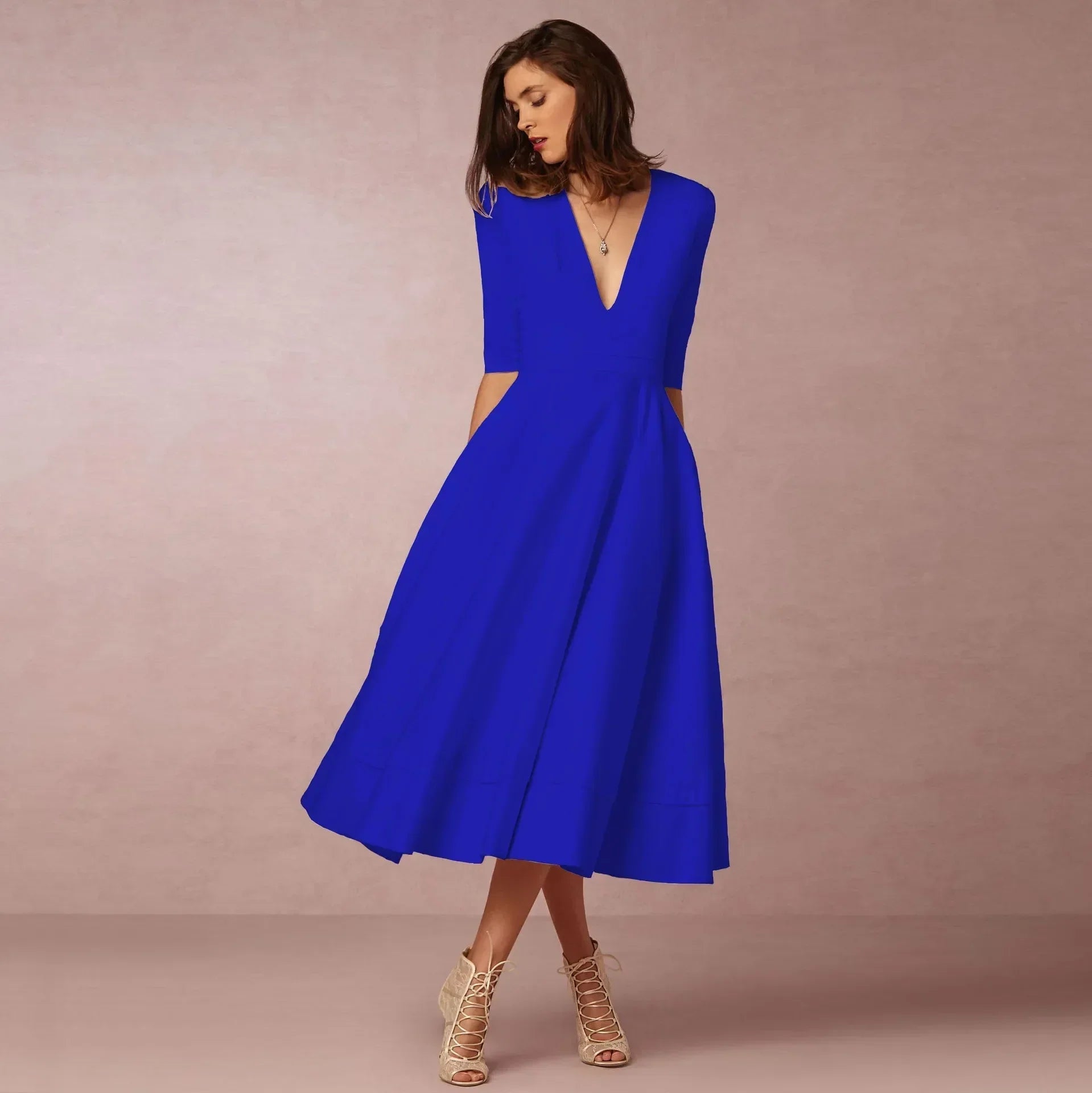 Donna | Women's A-Line Midi Dress Deep V-Neck Half Sleeve 11