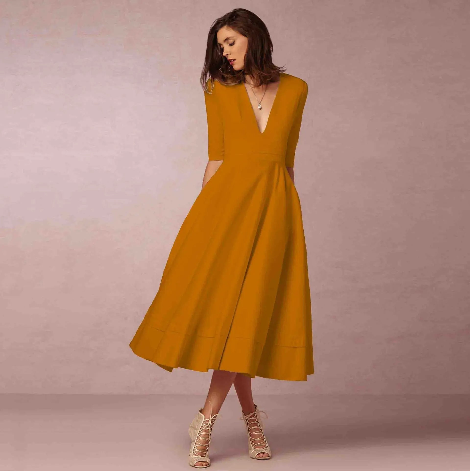 Donna | Women's A-Line Midi Dress Deep V-Neck Half Sleeve 2