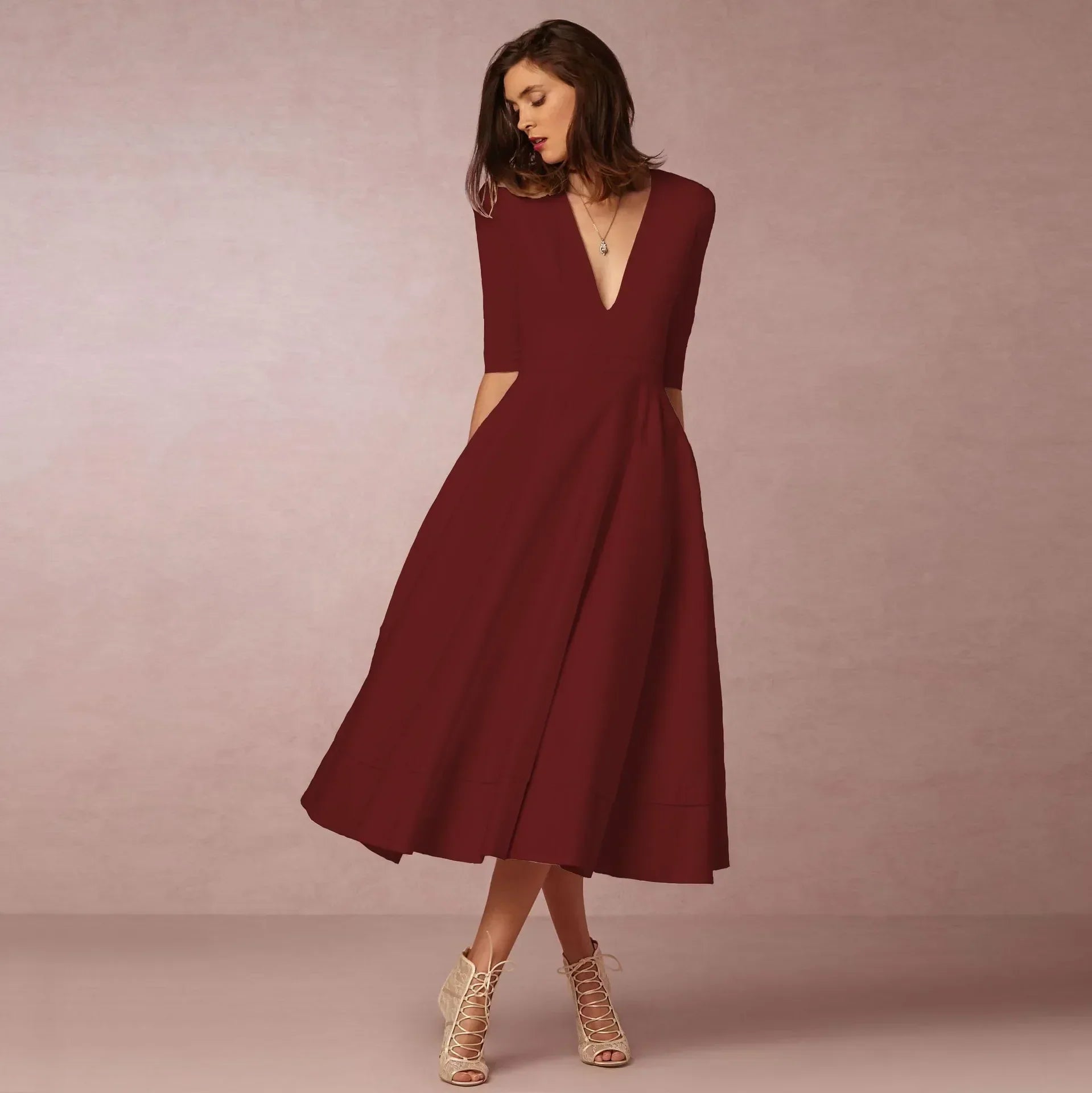 Donna | Women's A-Line Midi Dress Deep V-Neck Half Sleeve 3