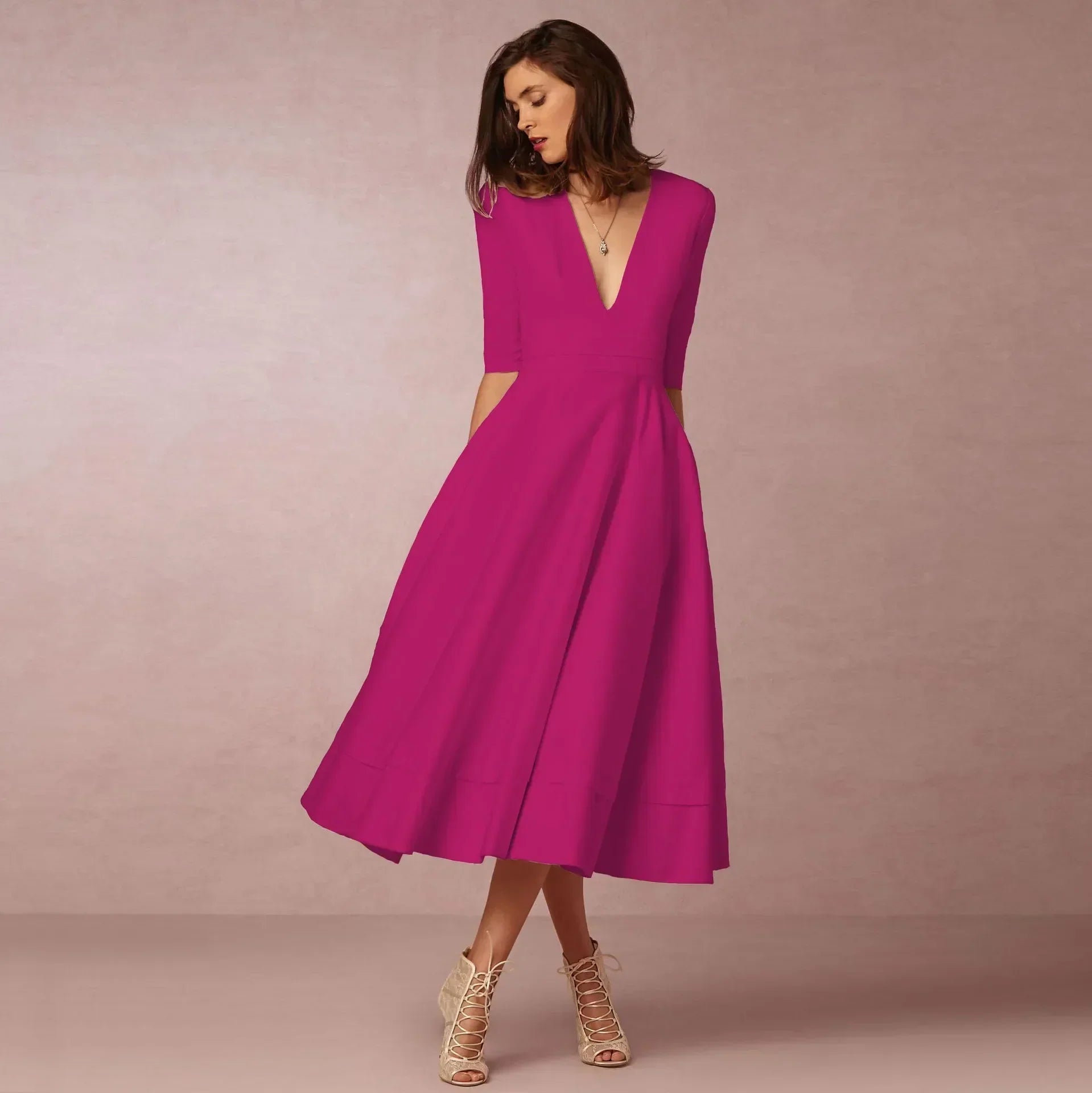 Donna | Women's A-Line Midi Dress Deep V-Neck Half Sleeve 4