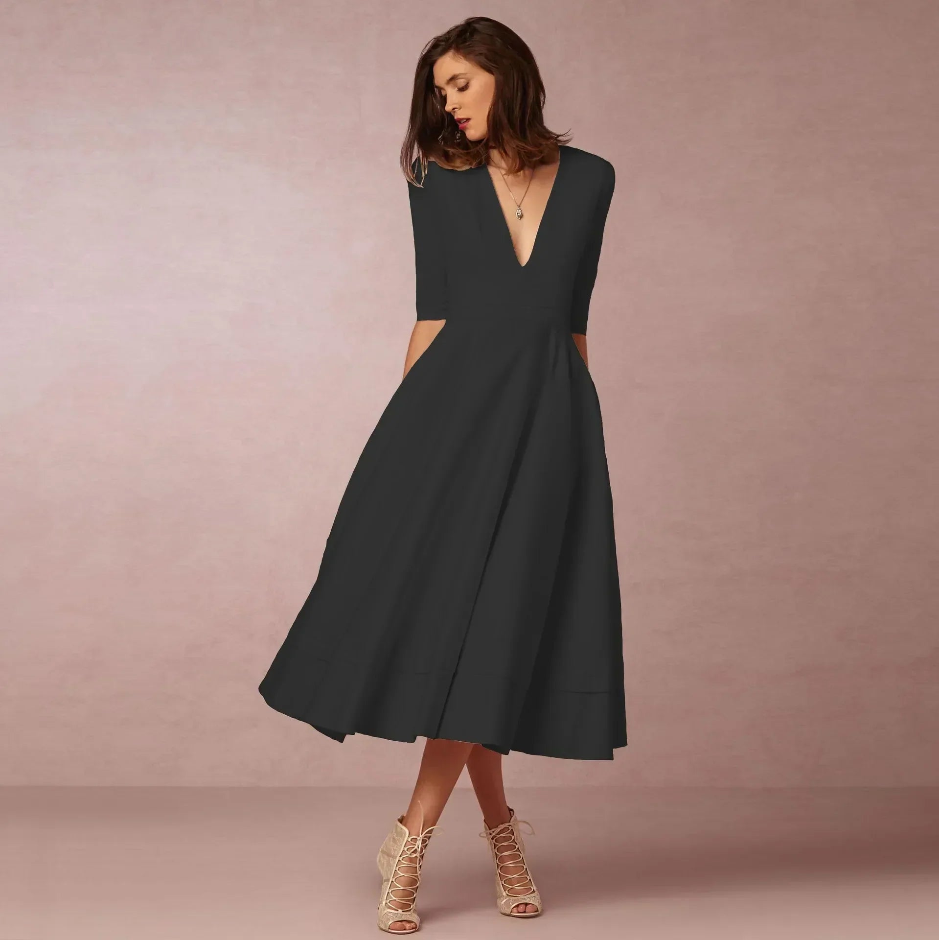 Donna | Women's A-Line Midi Dress Deep V-Neck Half Sleeve 5