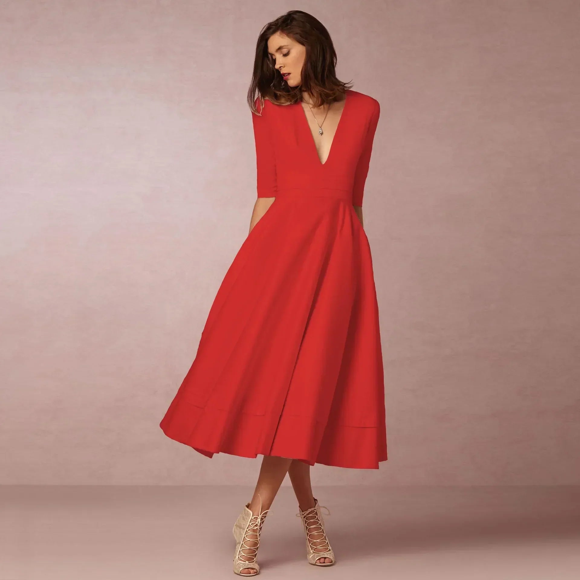 Donna | Women's A-Line Midi Dress Deep V-Neck Half Sleeve 7