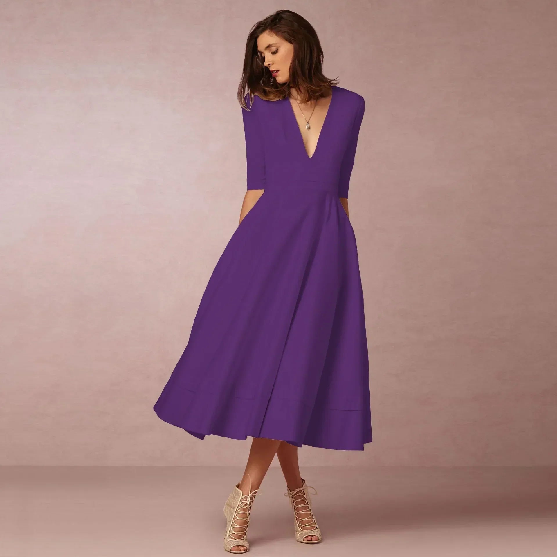 Donna | Women's A-Line Midi Dress Deep V-Neck Half Sleeve 8