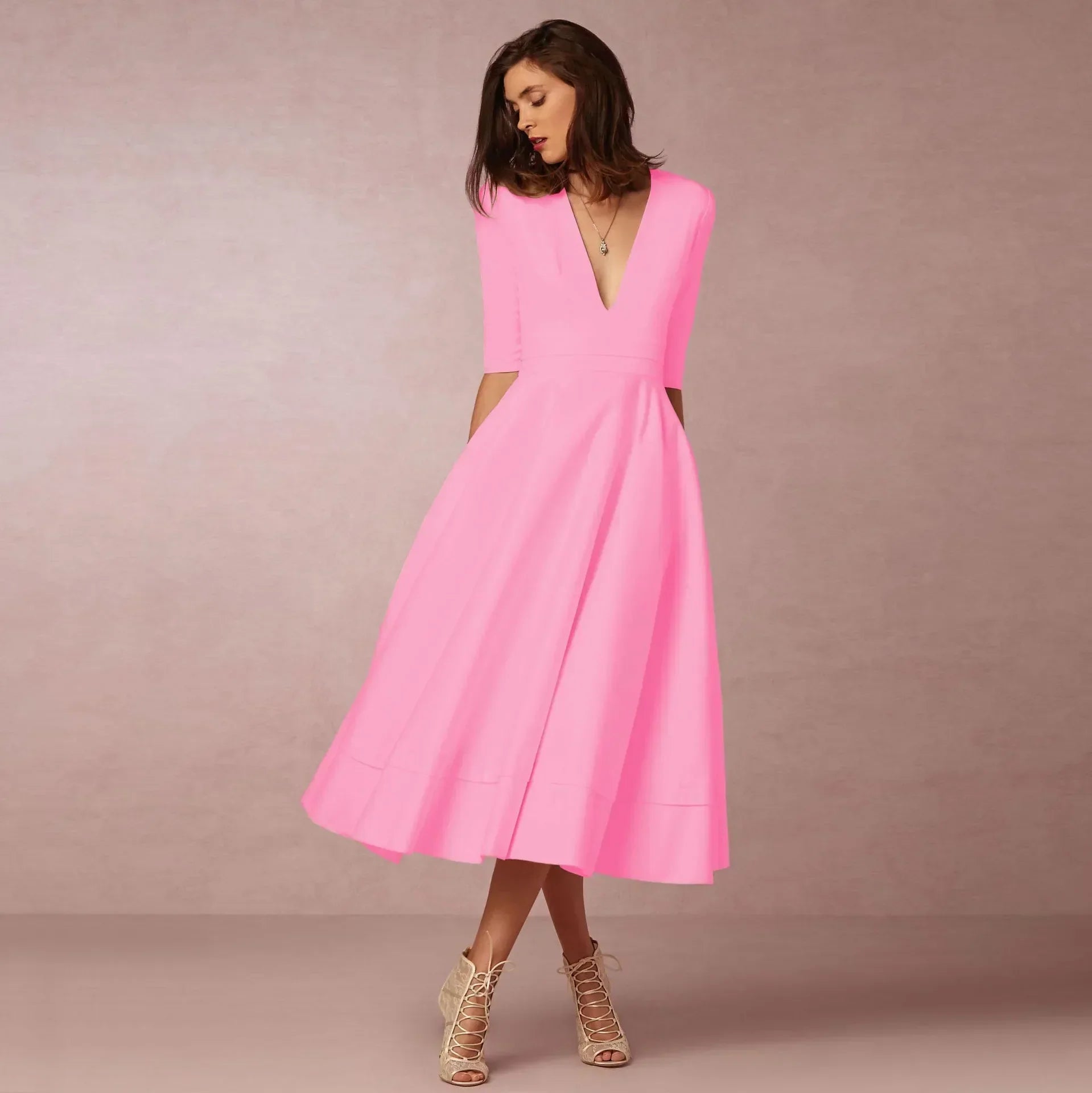 Donna | Women's A-Line Midi Dress Deep V-Neck Half Sleeve 9