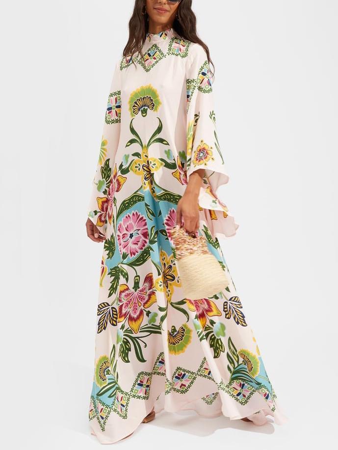 Donna | Women's Floral Print Mock Neck Bell Sleeve Maxi Dress