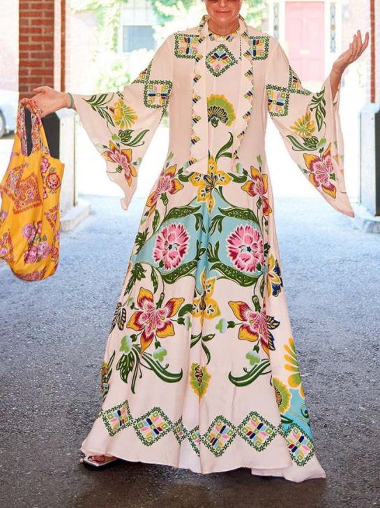 Donna | Women's Floral Print Mock Neck Bell Sleeve Maxi Dress 4