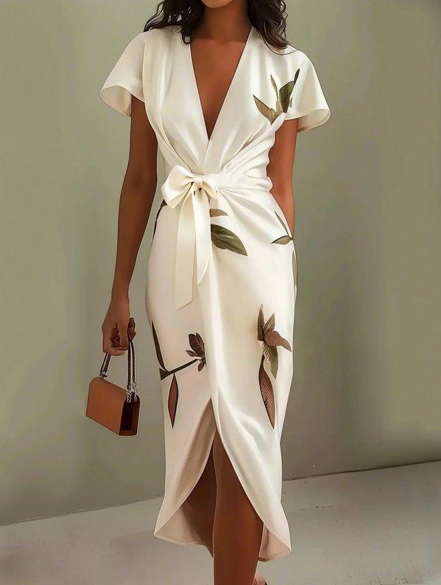Donna | Women's Wrap Midi Dress V-Neck Leaf Print