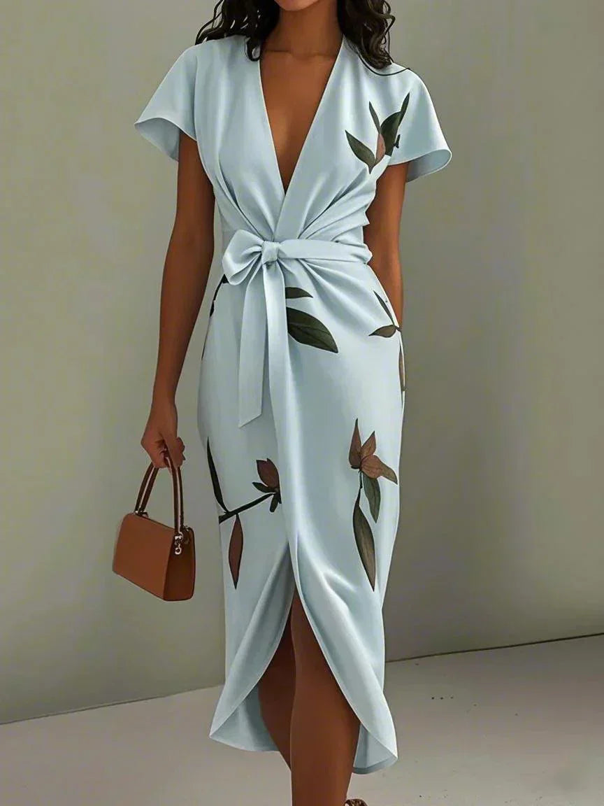Donna | Women's Wrap Midi Dress V-Neck Leaf Print 2