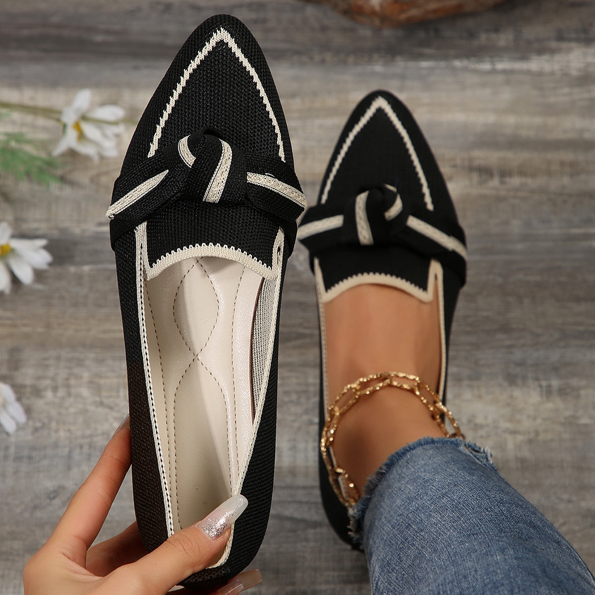 Fiona | Women's Pointed Toe Knit Flats Slip-On Bow Detail 2