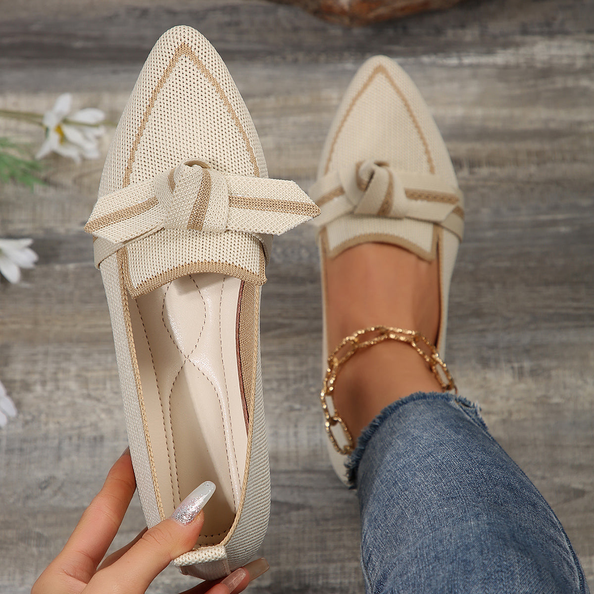 Fiona | Women's Pointed Toe Knit Flats Slip-On Bow Detail 3