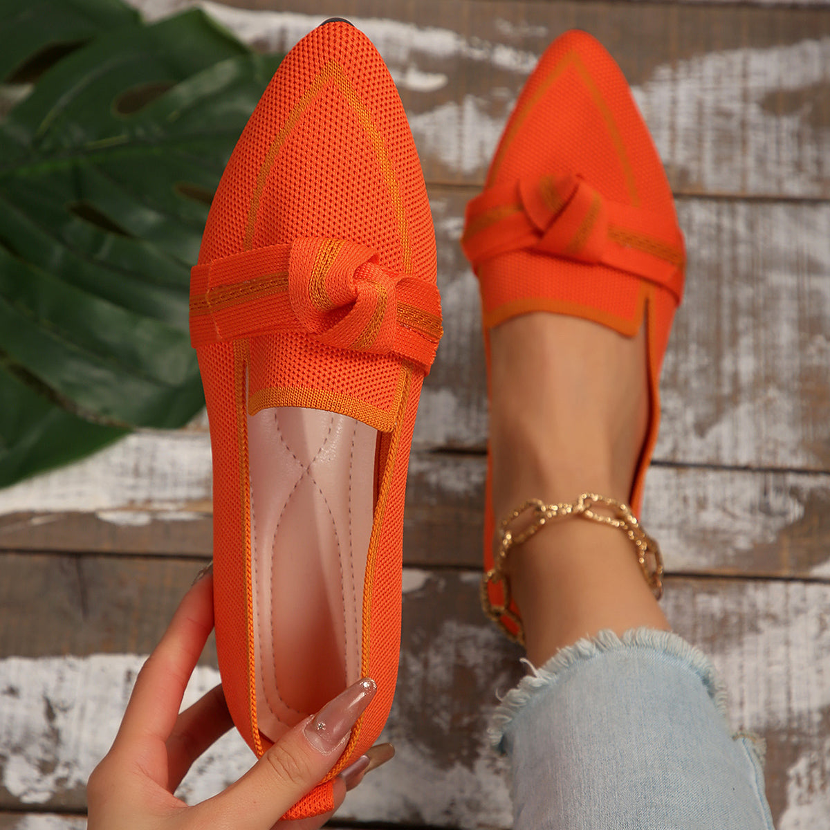 Fiona | Women's Pointed Toe Knit Flats Slip-On Bow Detail 6
