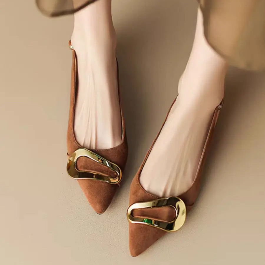 Francesca | Women's Elegant Pointed Toe Suede Flats Metal Hardware Black 1