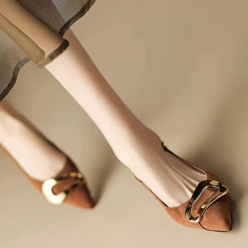 Francesca | Women's Elegant Pointed Toe Suede Flats Metal Hardware Black 5