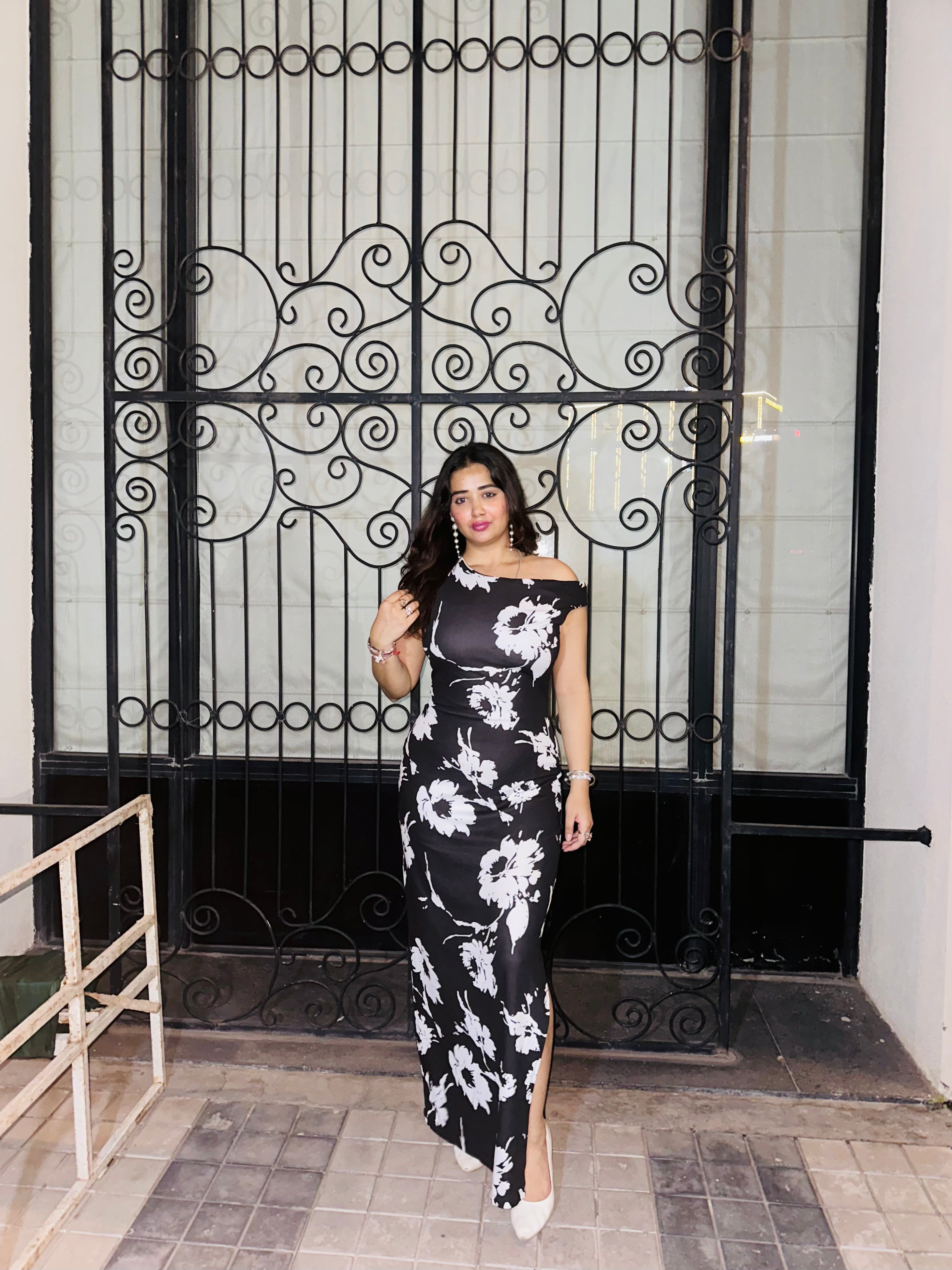 Craftsmiley Midnight Bloom One-Shoulder Maxi Dress