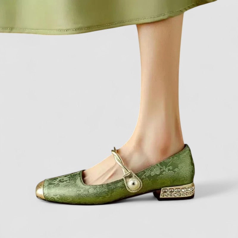 Ivyra | White Block Heel Pumps with Pearl Strap 1